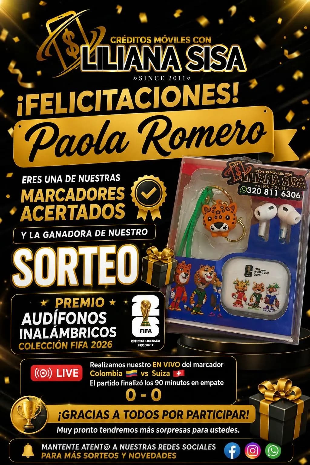 Publicación de Créditos Móviles felicitando a una ganadora de sorteo